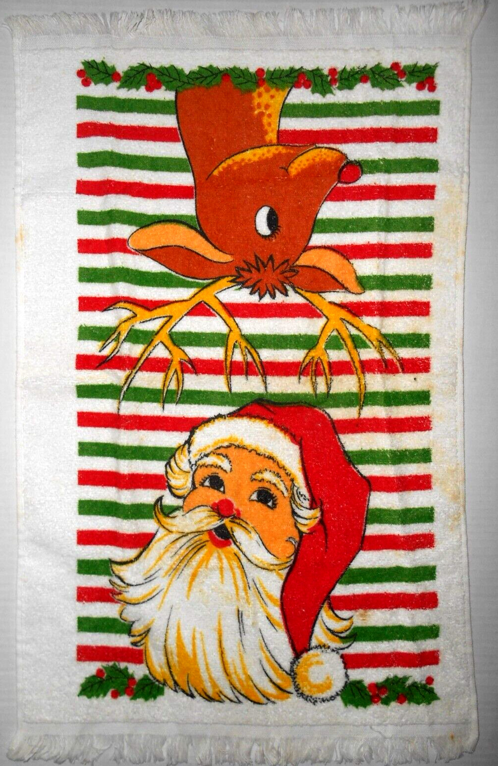 VTG 1960s SANTA & RUDOLPH Christmas Cotton Terry Cloth Kitchen Dish Tea Towel