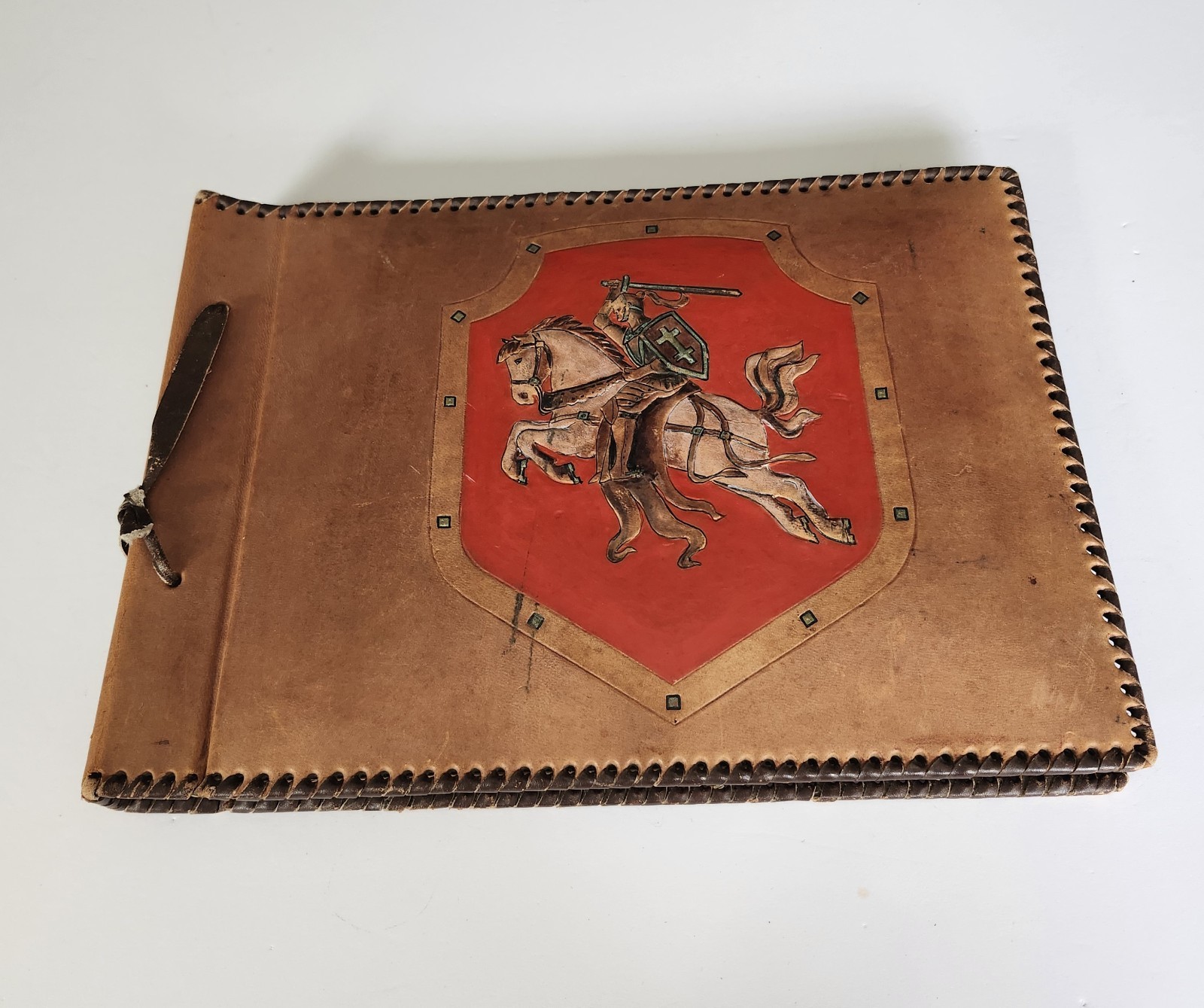 Vintage Leather Scrapbook Photo Album W/ Some Antique Photos Medieval Cover