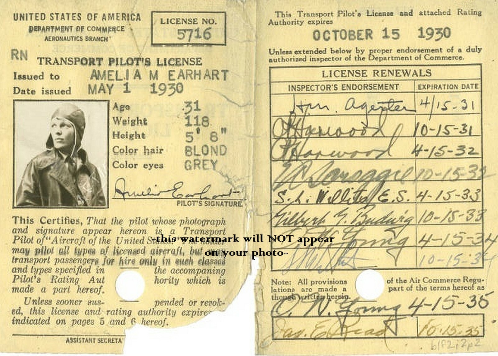 1930 Amelia Earhart Pilot's License PHOTO,No Joke Autograph  / Signature Shown