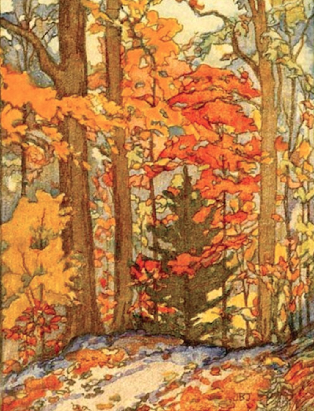 Repro Postcard: Fall Forest - Gold, Yellow & Orange Leaves - Autumn Scene