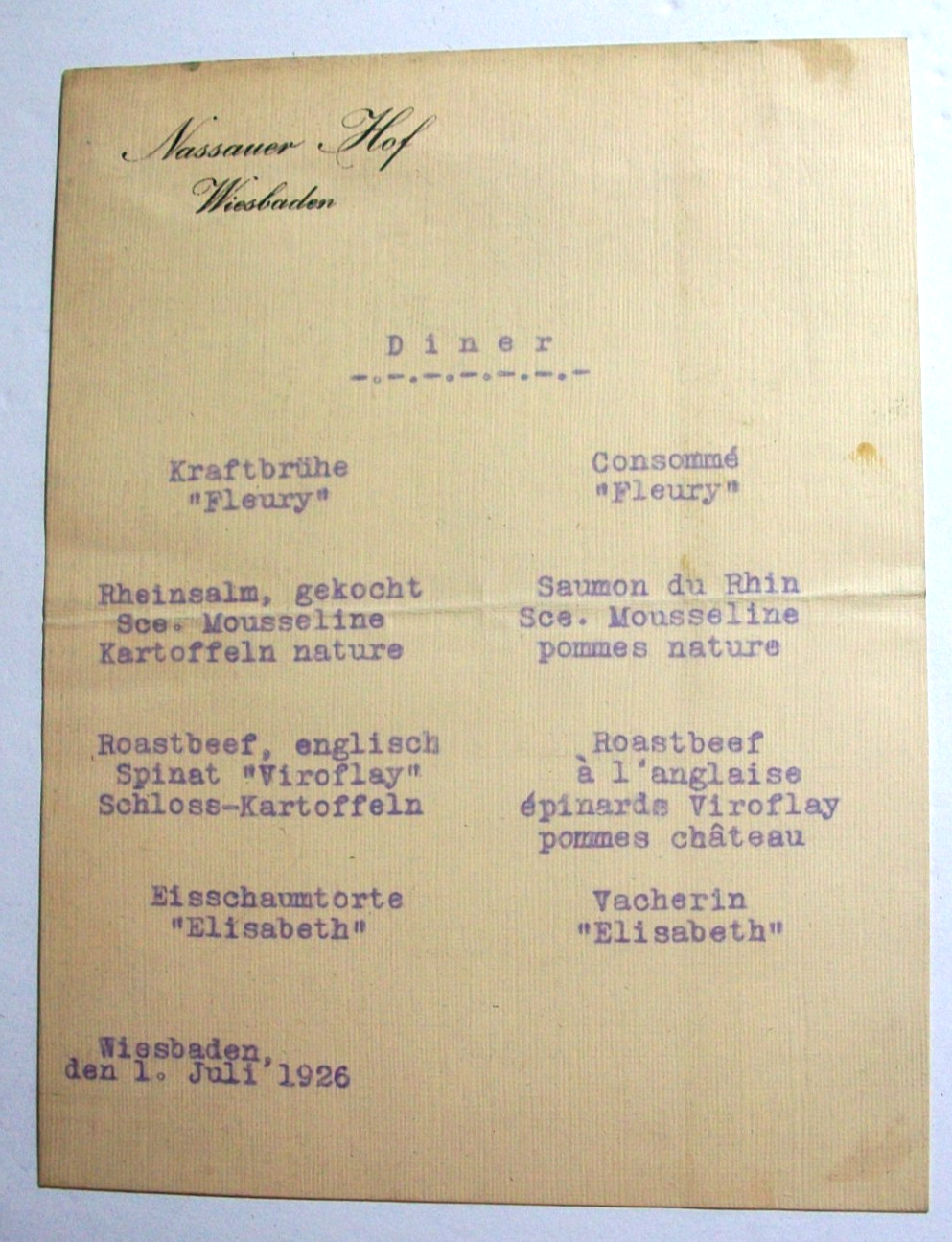 Antique ~rare: July 1926, Nassauer Hof Restaurant Diner Menu, Wiesbaden Germany Antique ~rare: July 1926, Nassauer Hof Restaurant Diner Menu, Wiesbaden Germany
