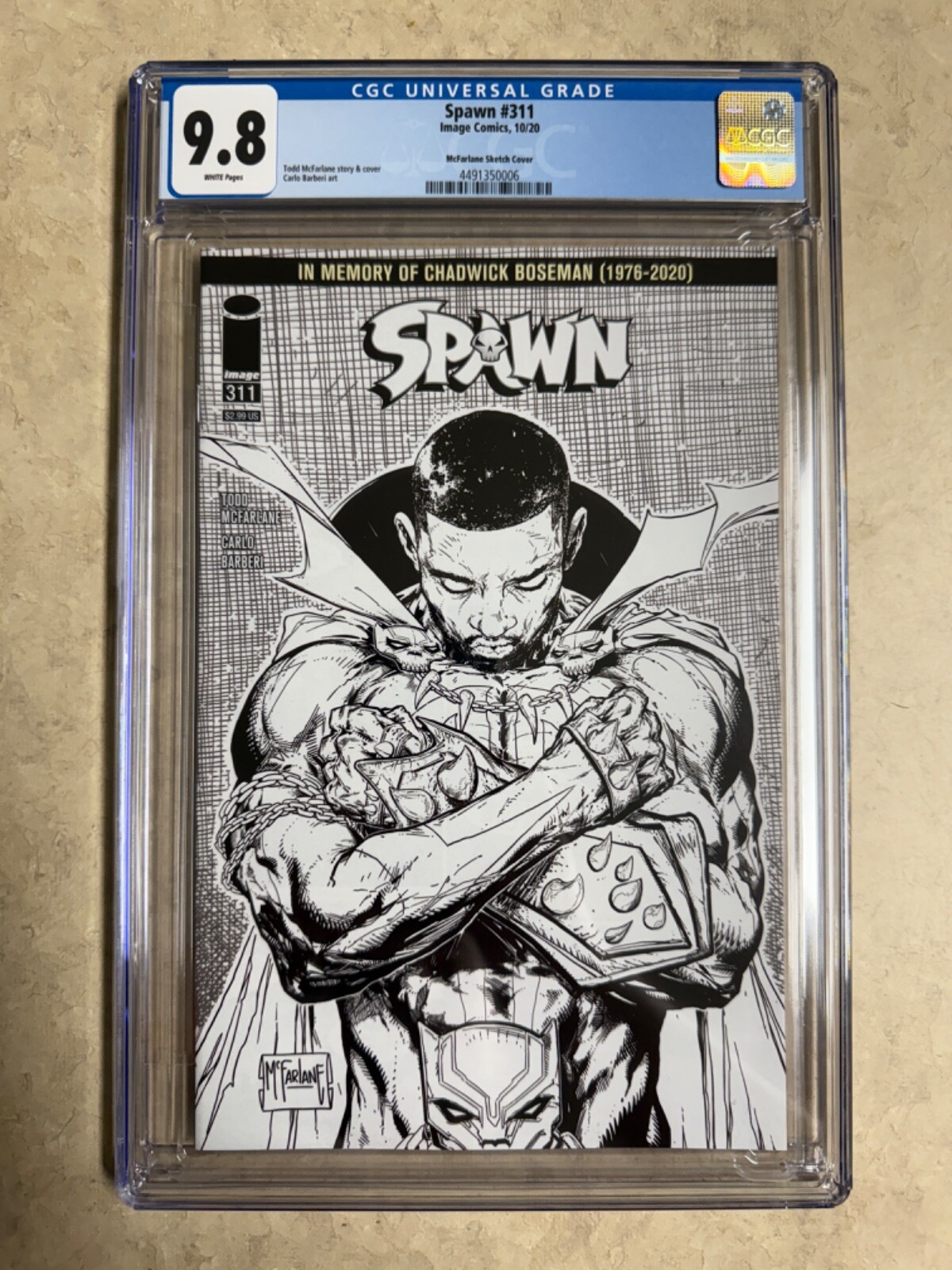 SPAWN #311 - MCFARLANE B&W SKETCH COVER CGC 9.8 CHADWICK BOSEMAN HOMAGE FREE S/H