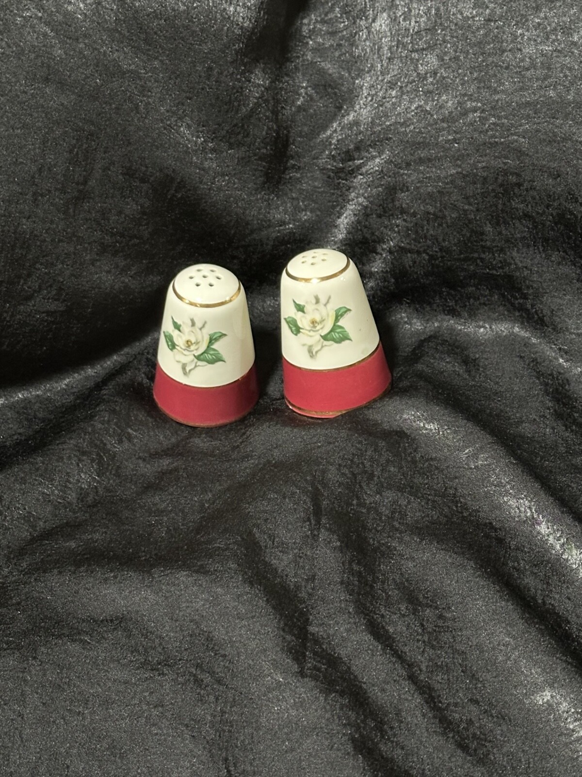 EXTREMELY RARE Homer Laughlin Bugundy Magnolia salt and pepper shakers