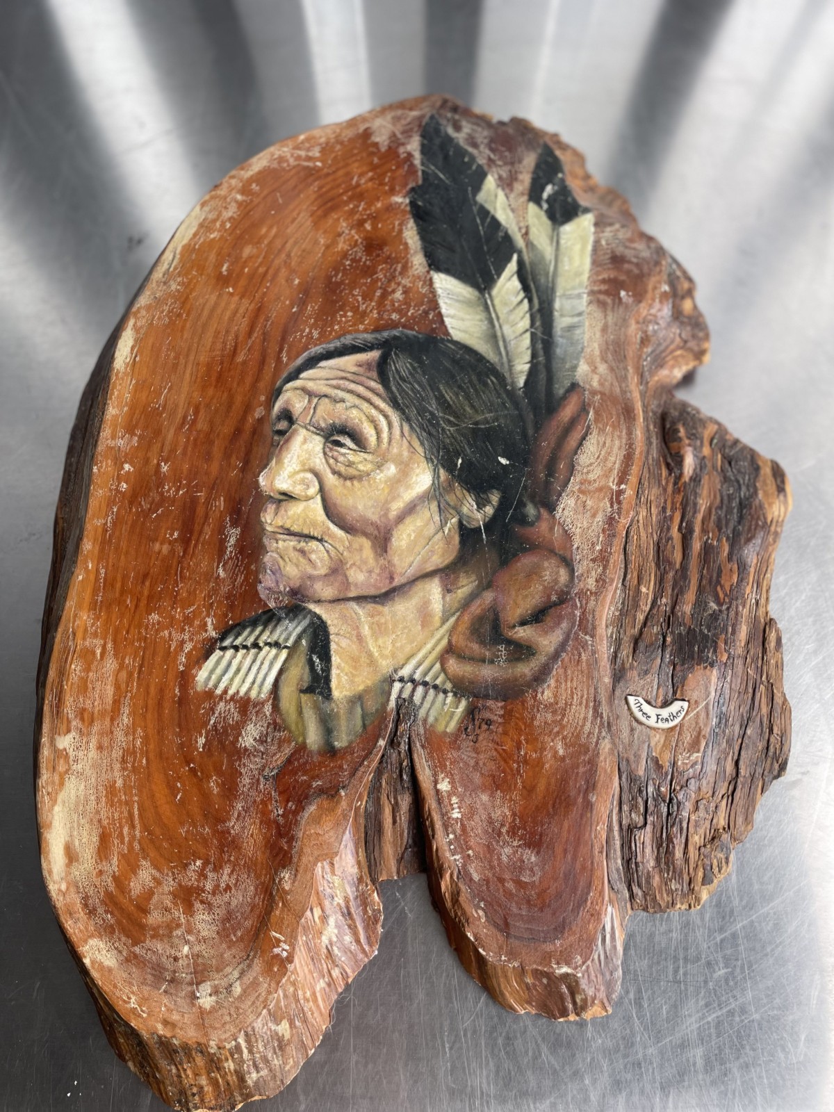 Vintage 3 Feathers Indian Chief Wood Wall Hanging Painting Portrait