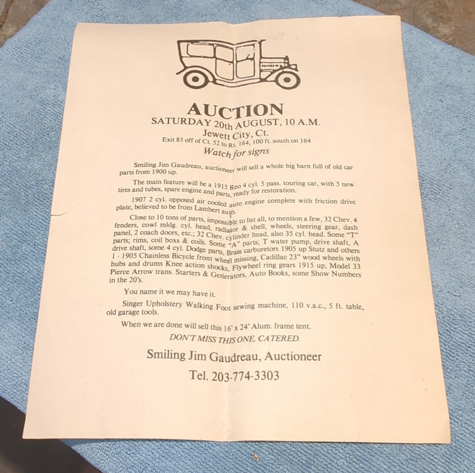 Auction Flyer Handbill Smiling Jim Gaudreau Auctioneer Jewett City CT 10AM