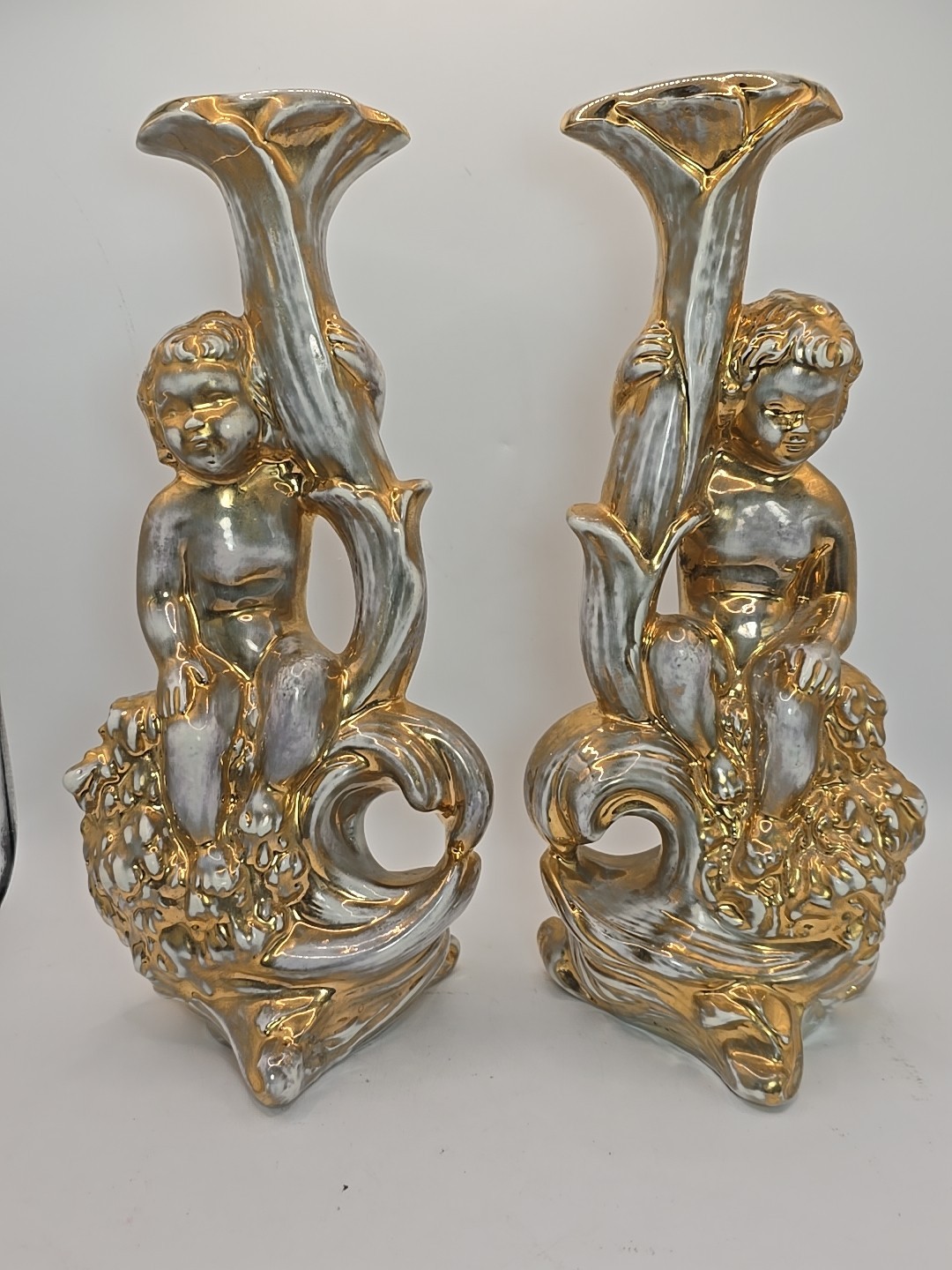 VTG Pair Ceramic Cherub Candlestick Holders Gold White Tone Hollywood Regency VTG Pair Ceramic Cherub Candlestick Holders Gold White Tone Hollywood Regency