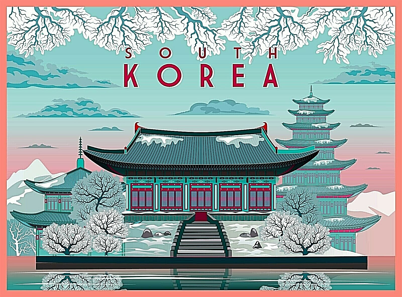 South Korea in Winter Korean Retro Travel Advertisement Art Deco Poster Print