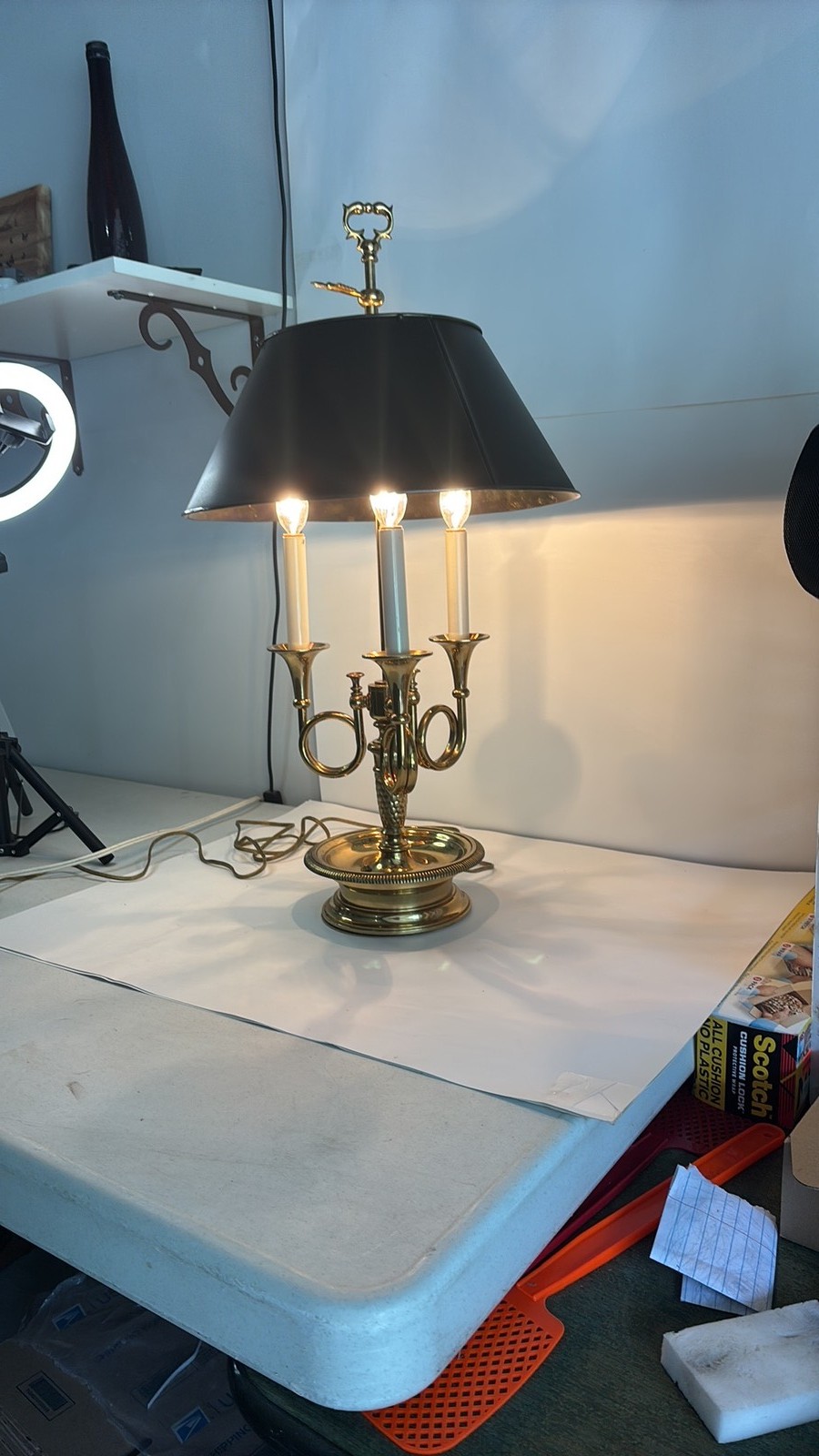 Vintage Brass triple French Horn Bouillotte Lamp with Black Tole Shade