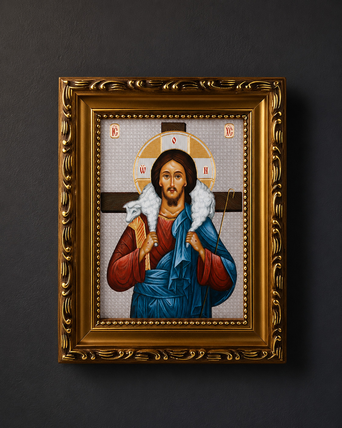 Christ The Good Shepherd Wooden Framed Gold Foiled Icon Religious Home Decor
