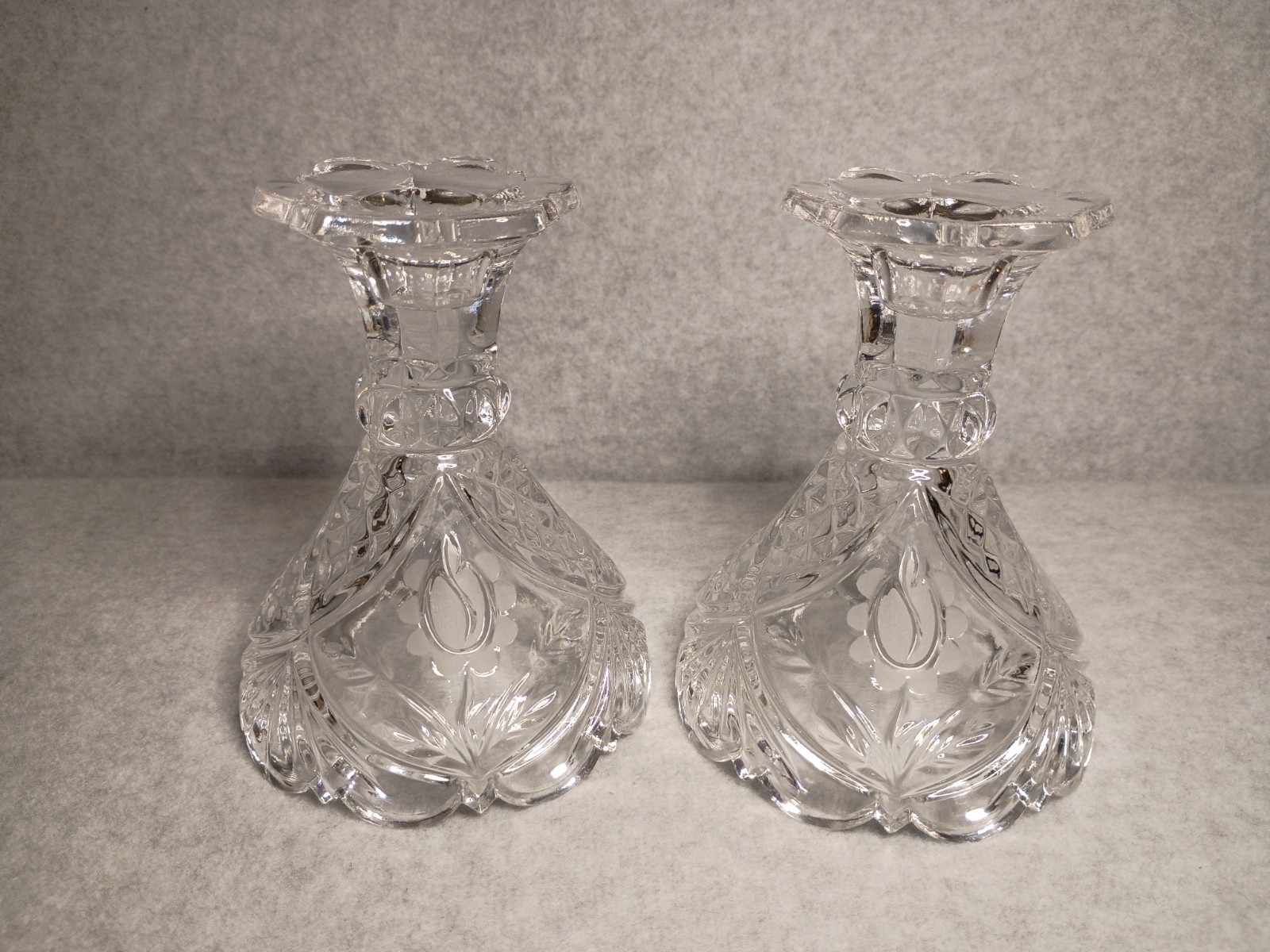 VTG Crystal Etched Candleholders Set of 2, 5 inches tall VTG Crystal Etched Candleholders Set of 2, 5 inches tall