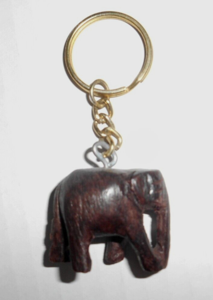 Vintage Hand Carved Wood Wooden Detailed ELEPHANT Keychain Keyring