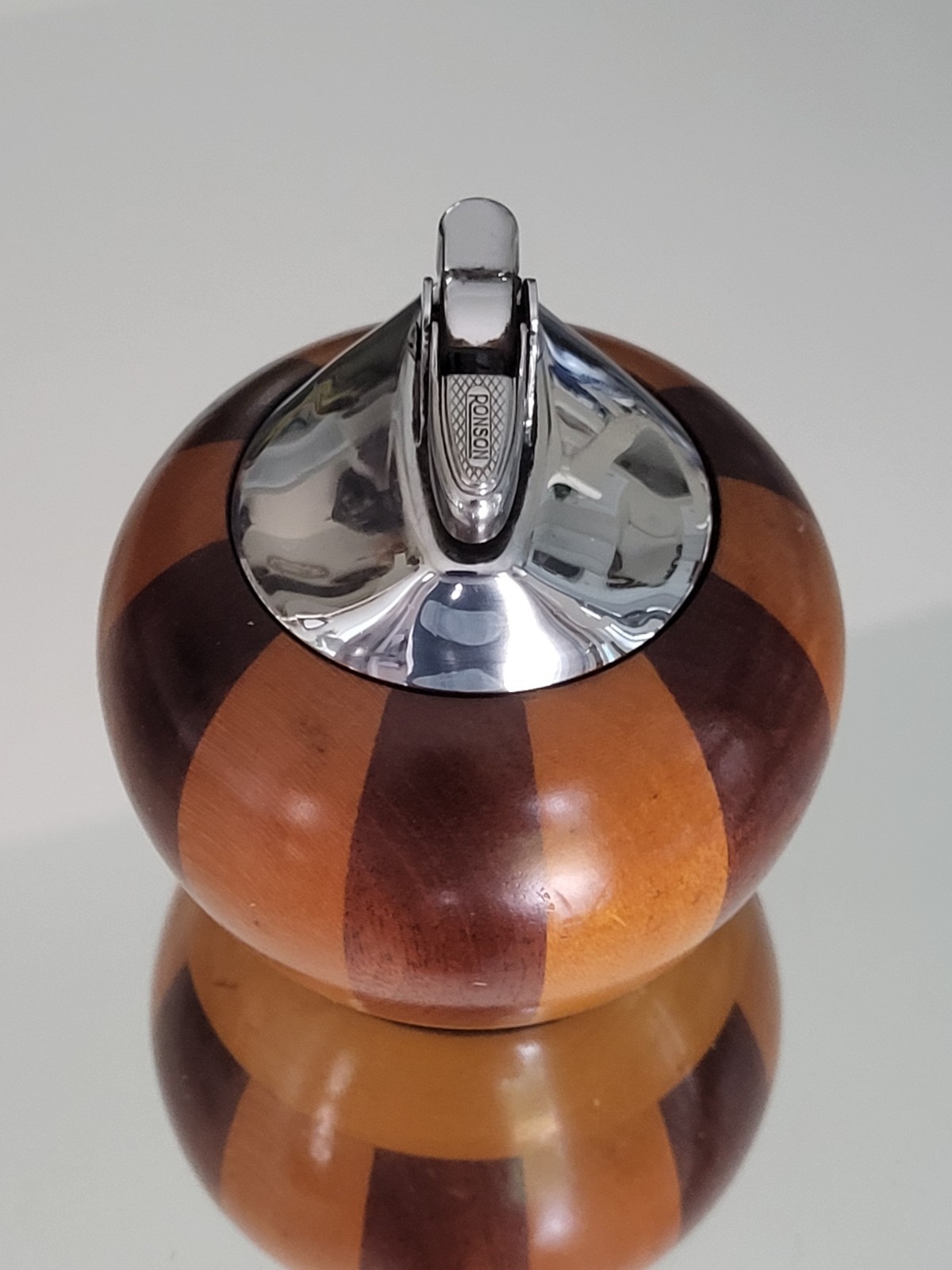 Vintage Ronson Table Lighter Two Tone Striped Wood Chrome Round Mid Century