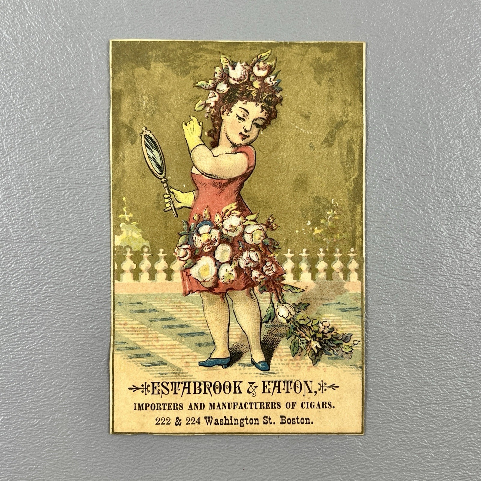 Victorian Trade Card Cigar Advertising Boston MA Woman Flowers Estabrook & Eaton