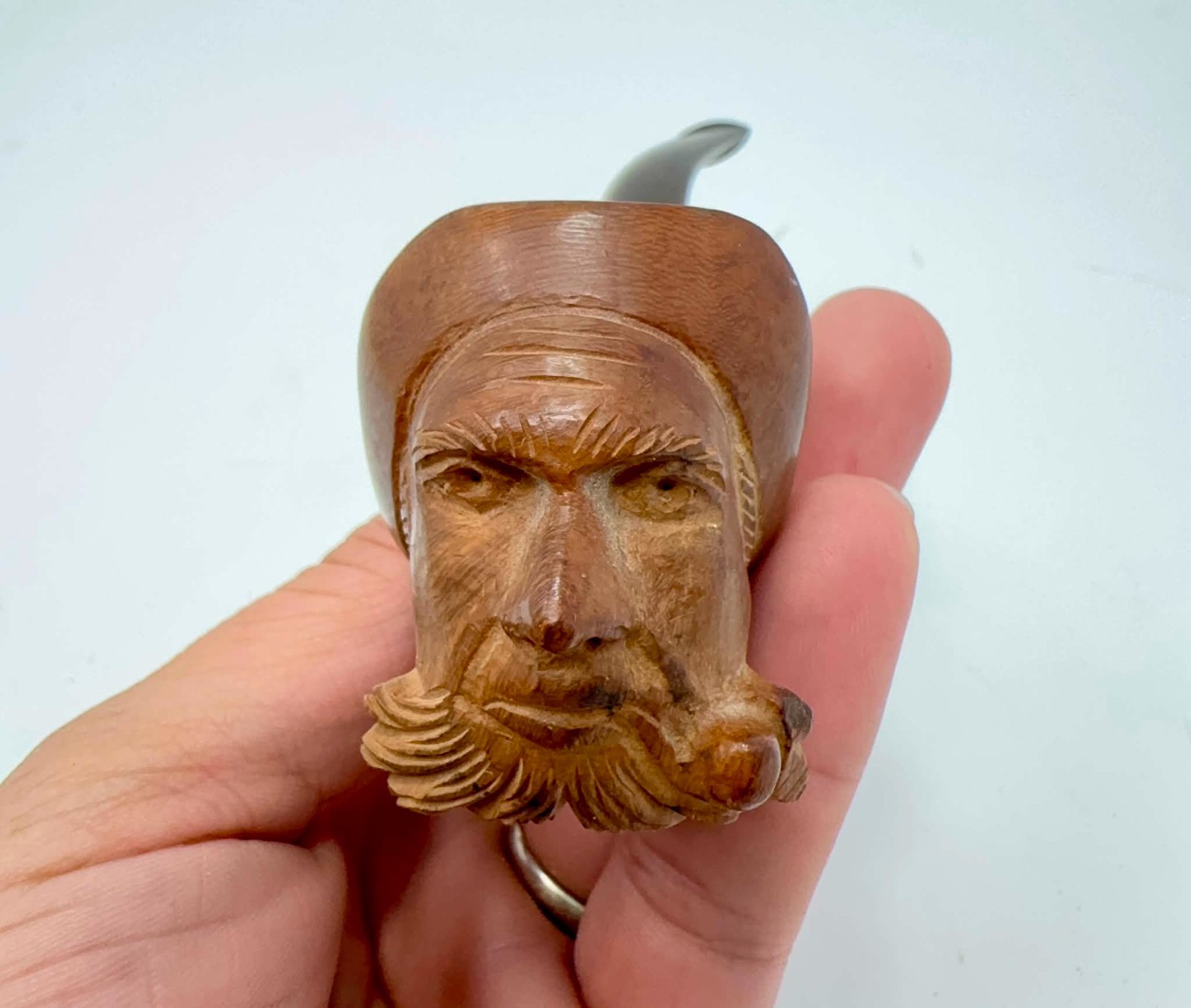 Vintage Norwegian Hand Carved Figural Smoking Pipe Bearded Fisherman Wood Pipe