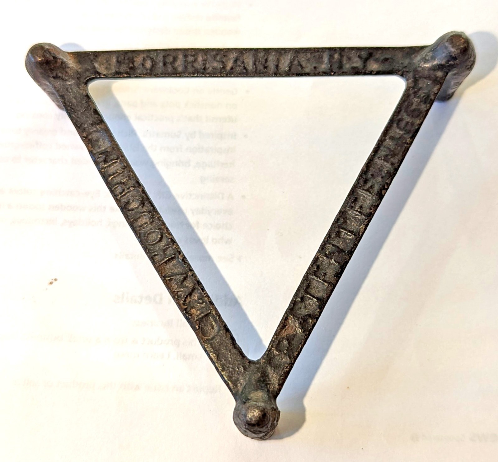 ANTIQUE 1875 HOUCHIN POCKET COOK STOVE TRIVET CAST IRON PART MORRISANIA NY VTG