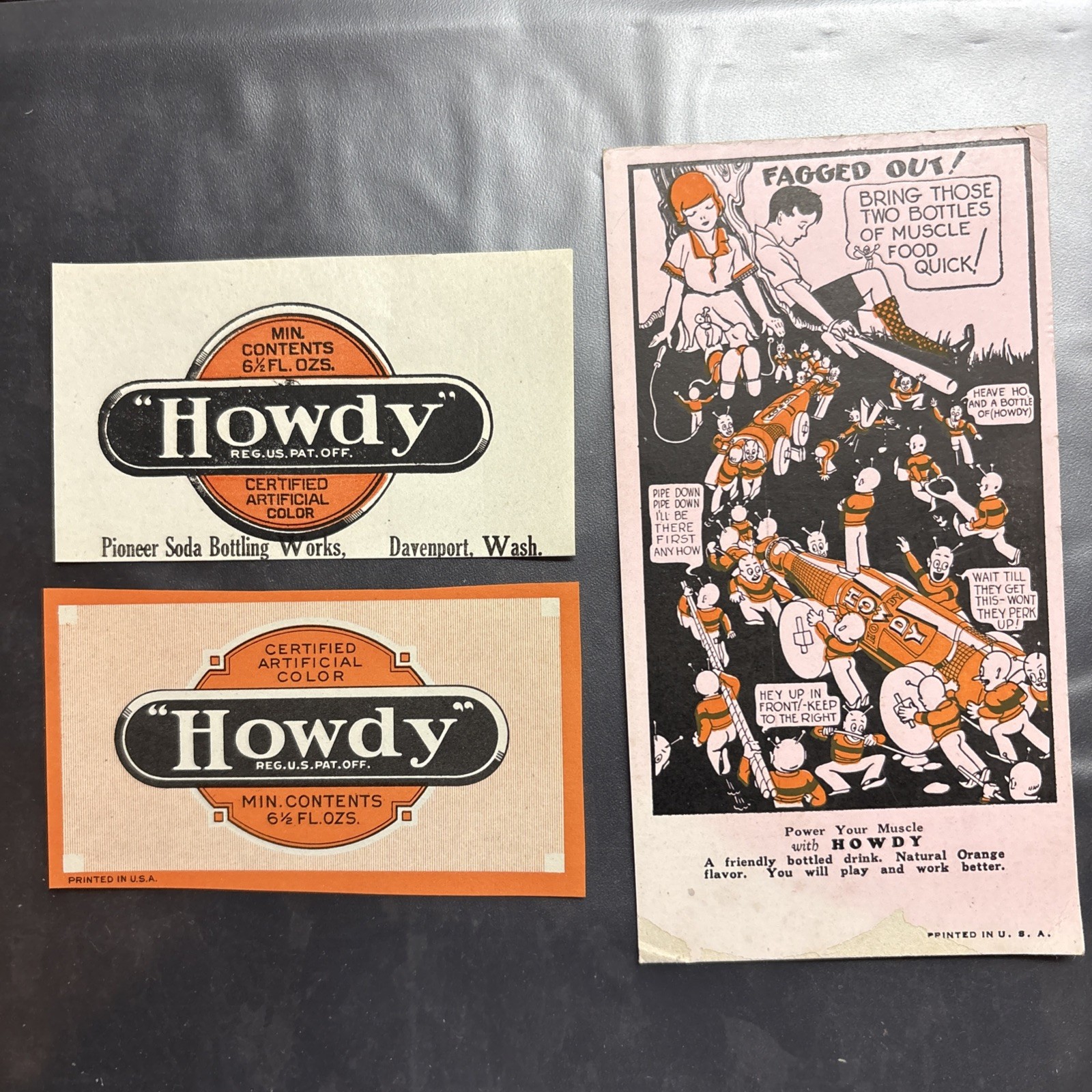 2 Vintage Howdy Pioneer Soda Bottling Works Labels & Howdy Ink Blotter