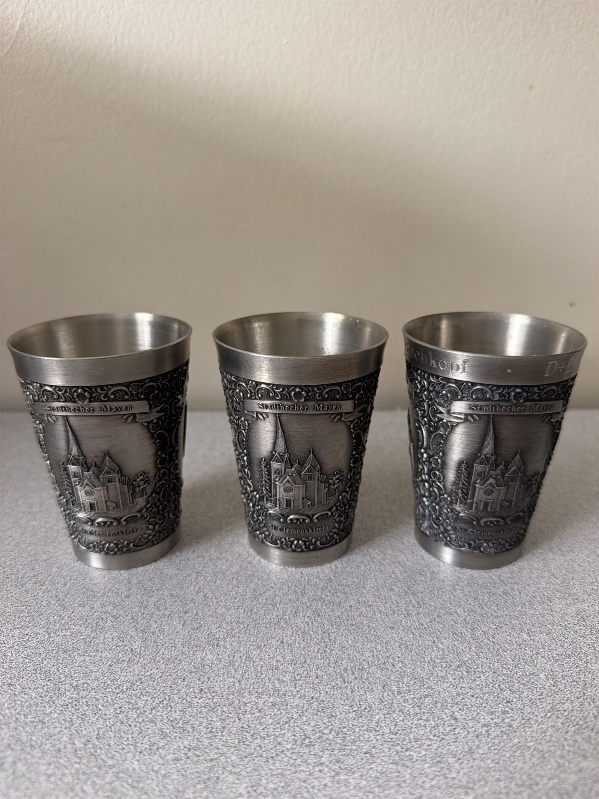 Vintage Zinn Becker Stuttgart Pewter Shot Glasses Set German Souvenir Cups