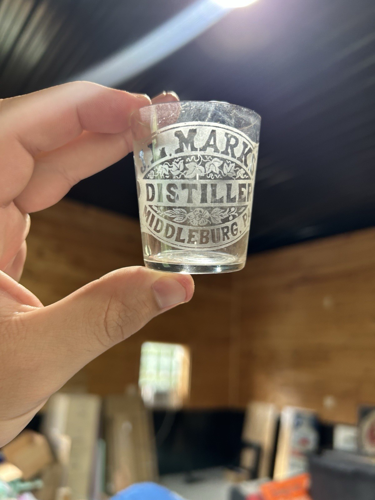Original J.L. Marks Distiller Middleburg PA Etched Shot Glass RARE