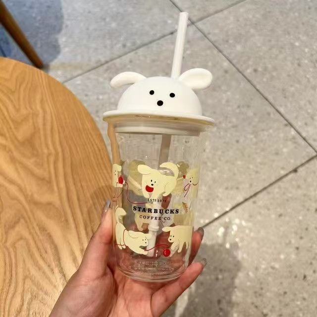 Starbucks 12oz Cute Dog Puppy Print Clear Glass Tumbler With Dog Ear Lid & Straw