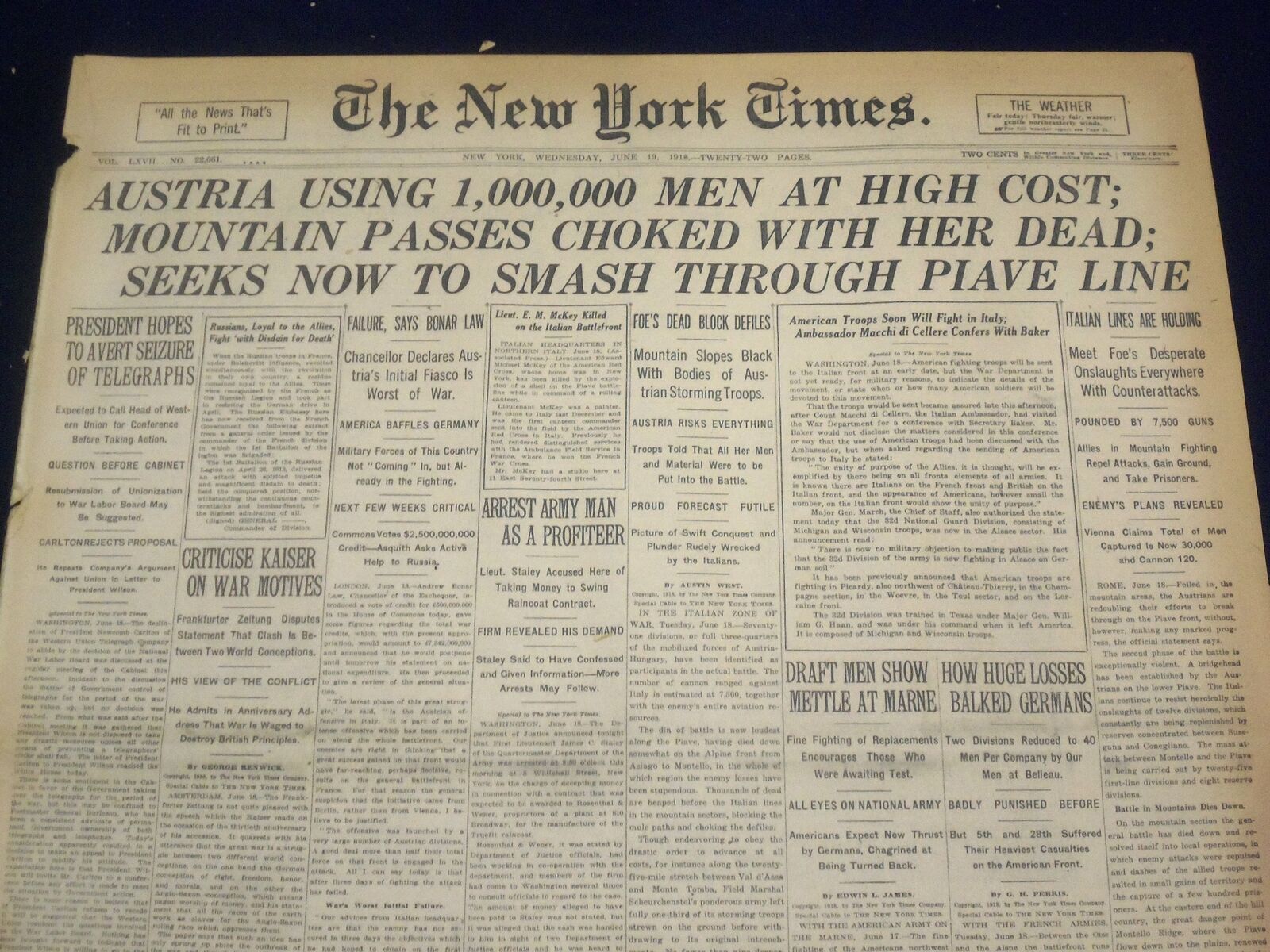 1918 JUNE 19 NEW YORK TIMES - AUSTRIA USING 1,000,000 MEN AT HIGH COST - NT 9101