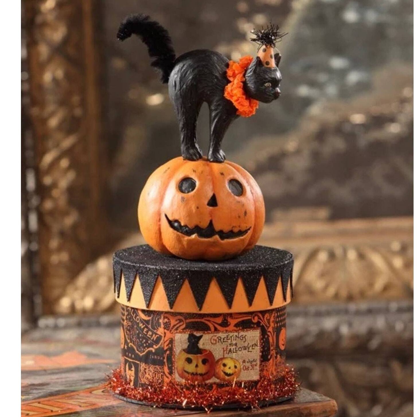 New Bethany Lowe Party Cat On Box Black Cat Pumpkin Jack O Lantern Halloween