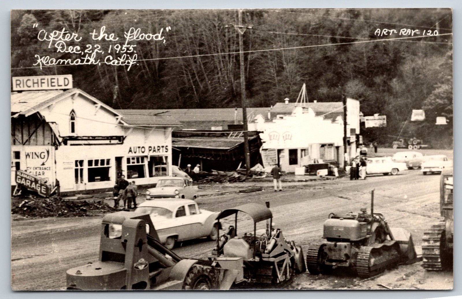 After The Flood Klamath CA RPPC Postcard 1955 Richfield Auto Garage Old Cars 