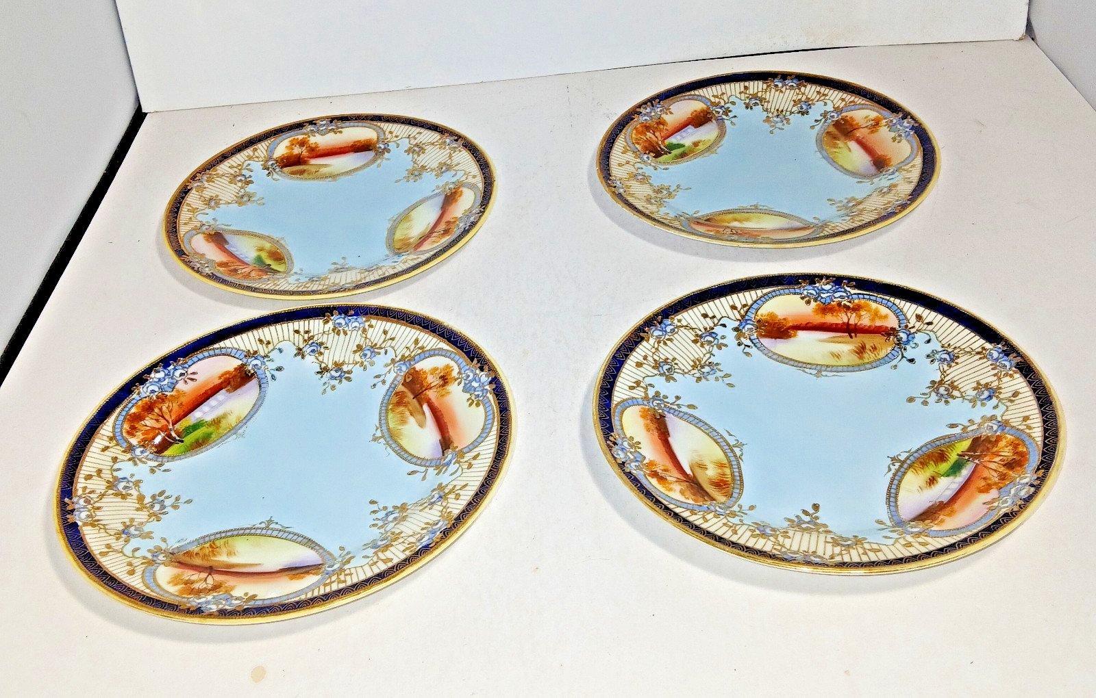 4 Antique Nippon Dessert Plates, Blue, Gold & Moriage, Green M in Wreath, 7 1/2