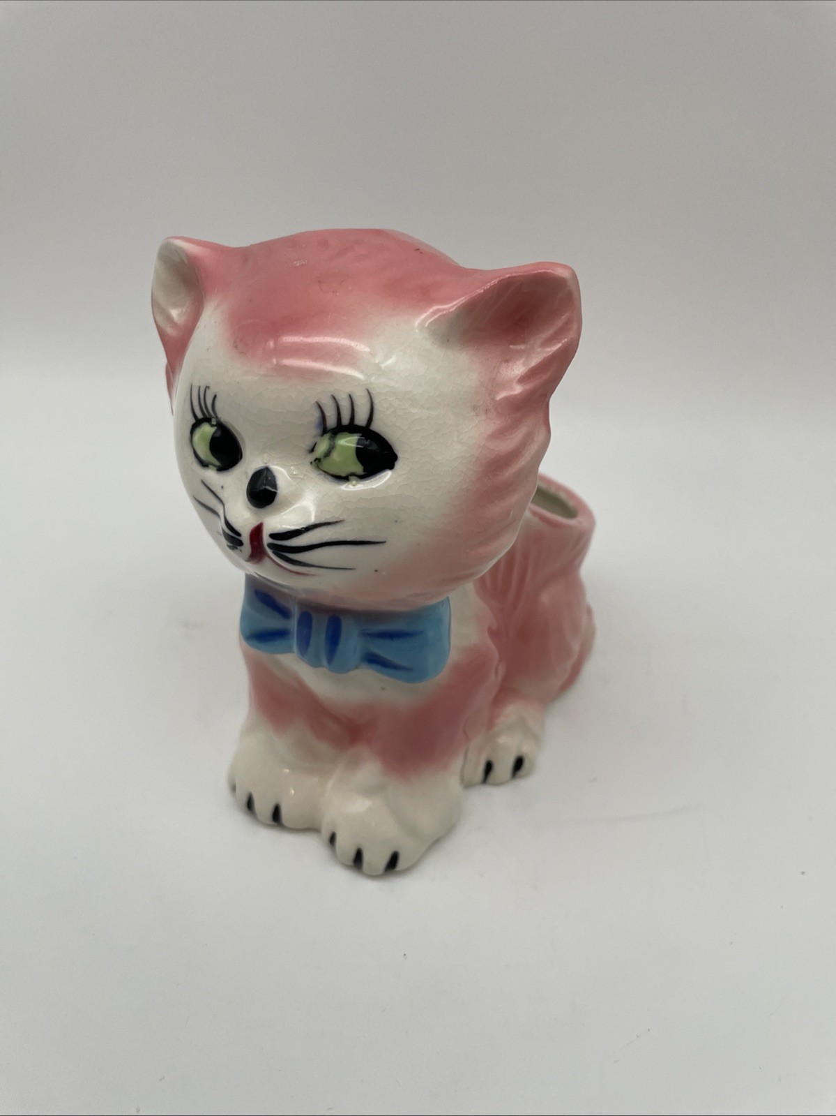 Vintage MCM Big Eyes Pink Kitten Cat Planter with Blue Bow 1950s Ceramic Plant