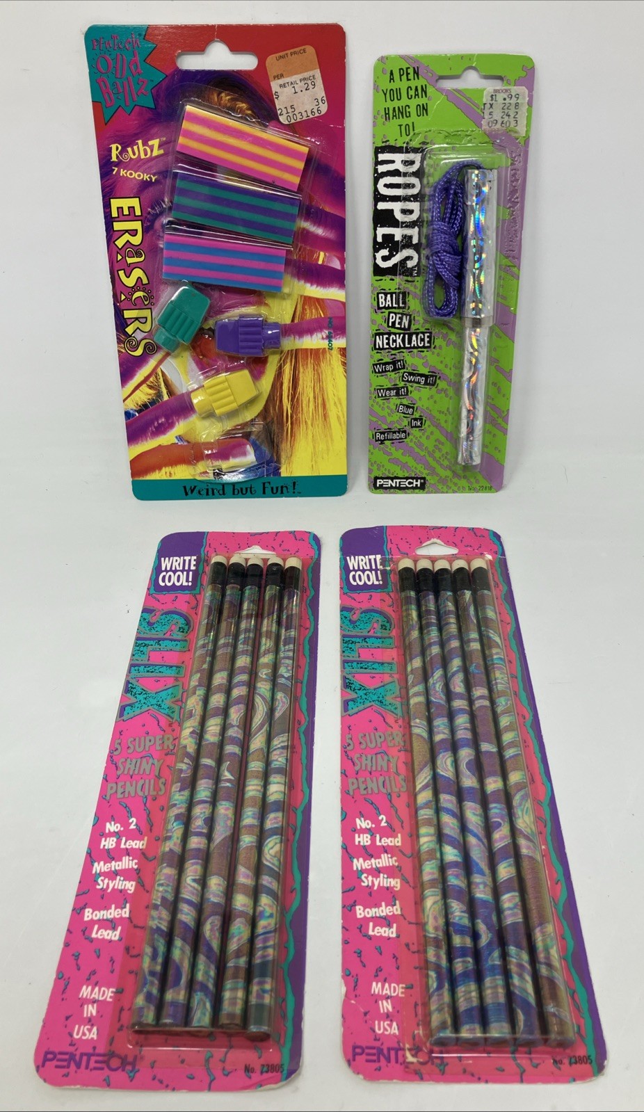 Vintage Lot of Pentech Slix Pencils, Oddballz Erasers, & Rope Pen Necklace 90’s
