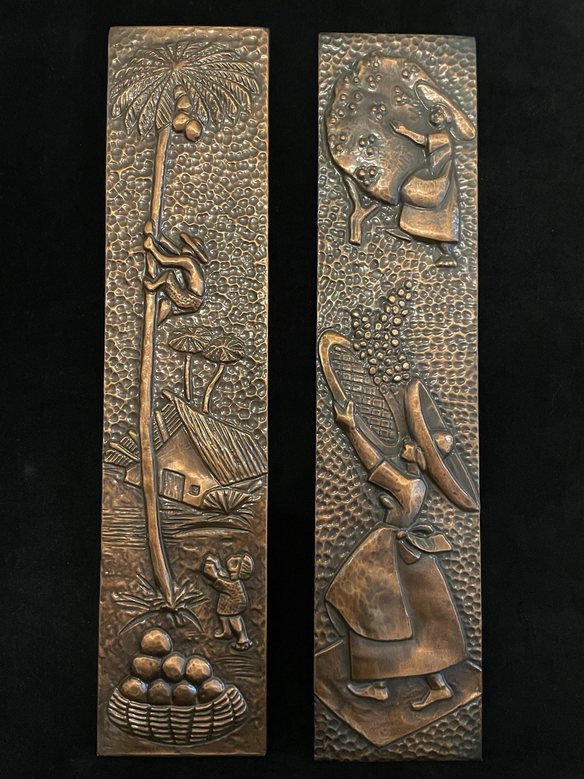 Vintage Brazilian Hammering Embossing On Copper. Set of 2 Wall Plaques 1983