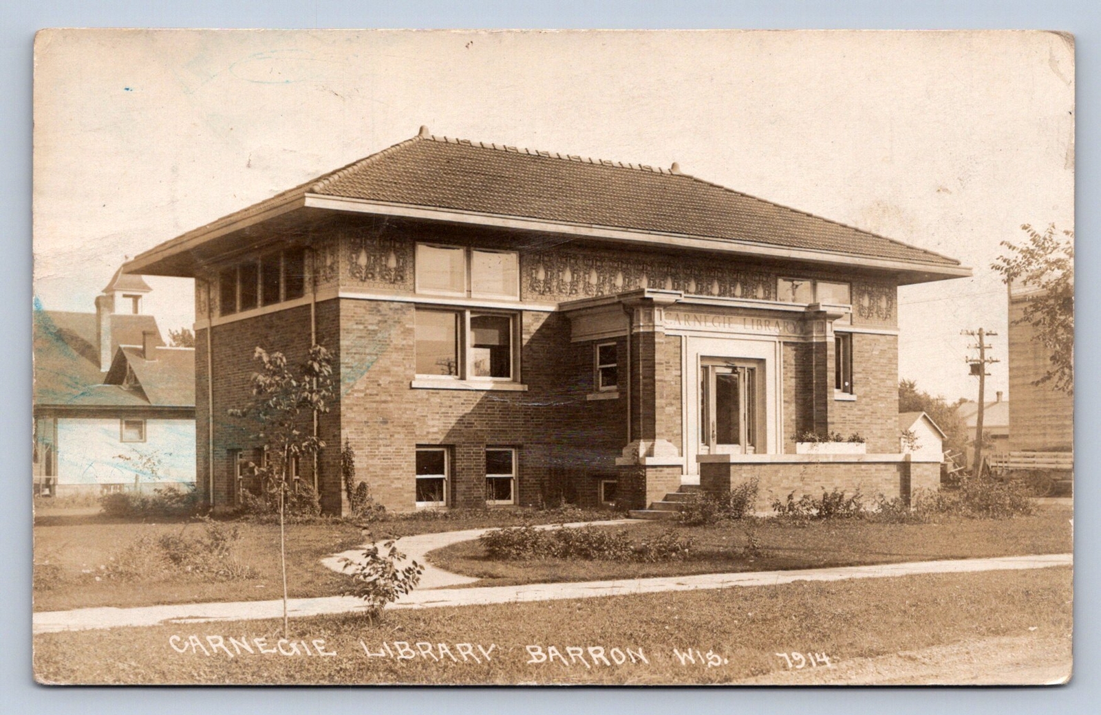 JH7/ Barron Wisconsin RPPC Postcard c1919 Library Prairie School  23