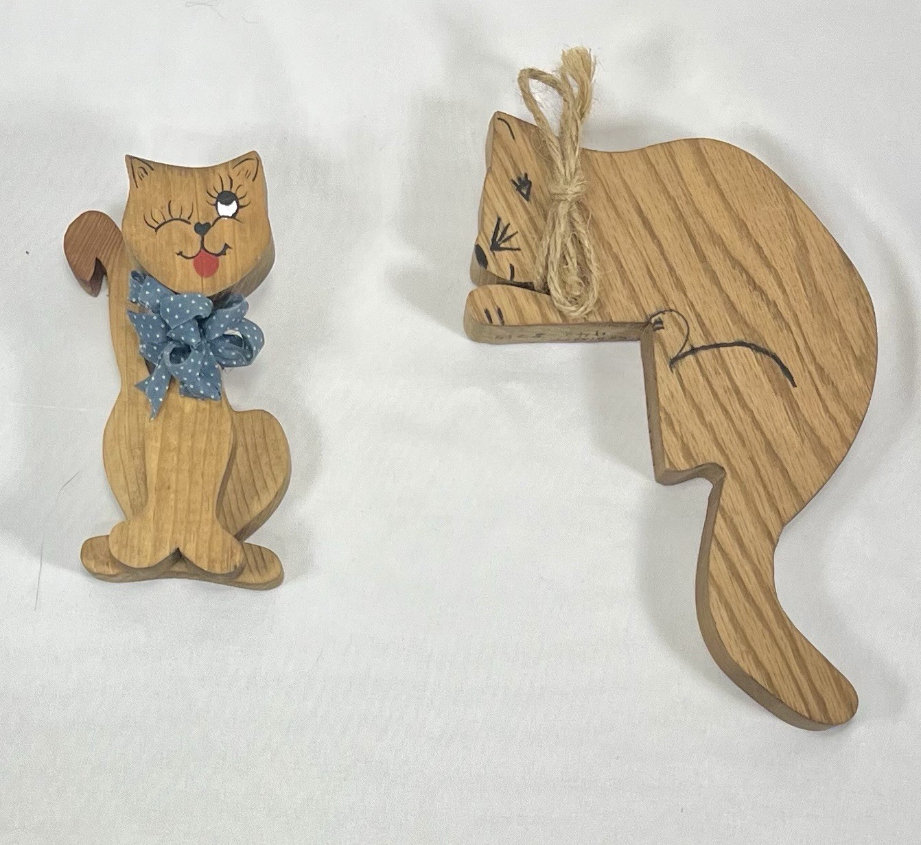 Vintage Handmade Wooden Folk Art Cat Figurines Decor 