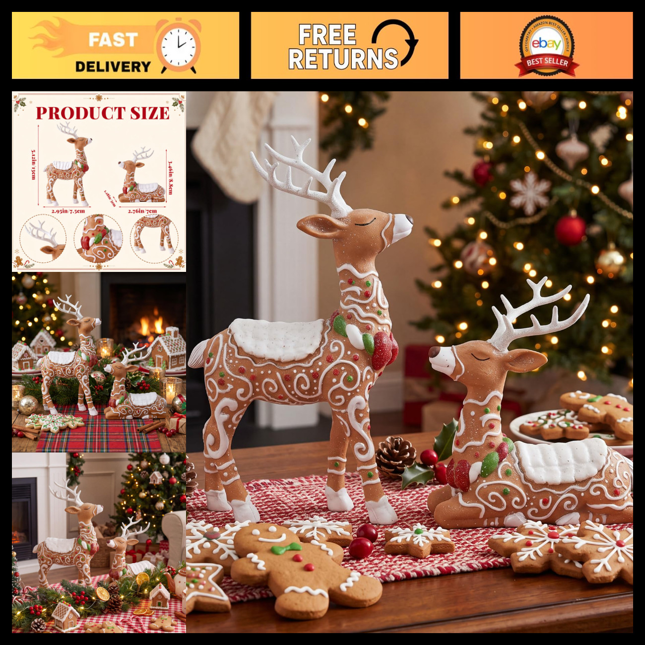 Gingerbread Reindeer Figurines - 2 Pcs Christmas Decorations for Holiday Cheer