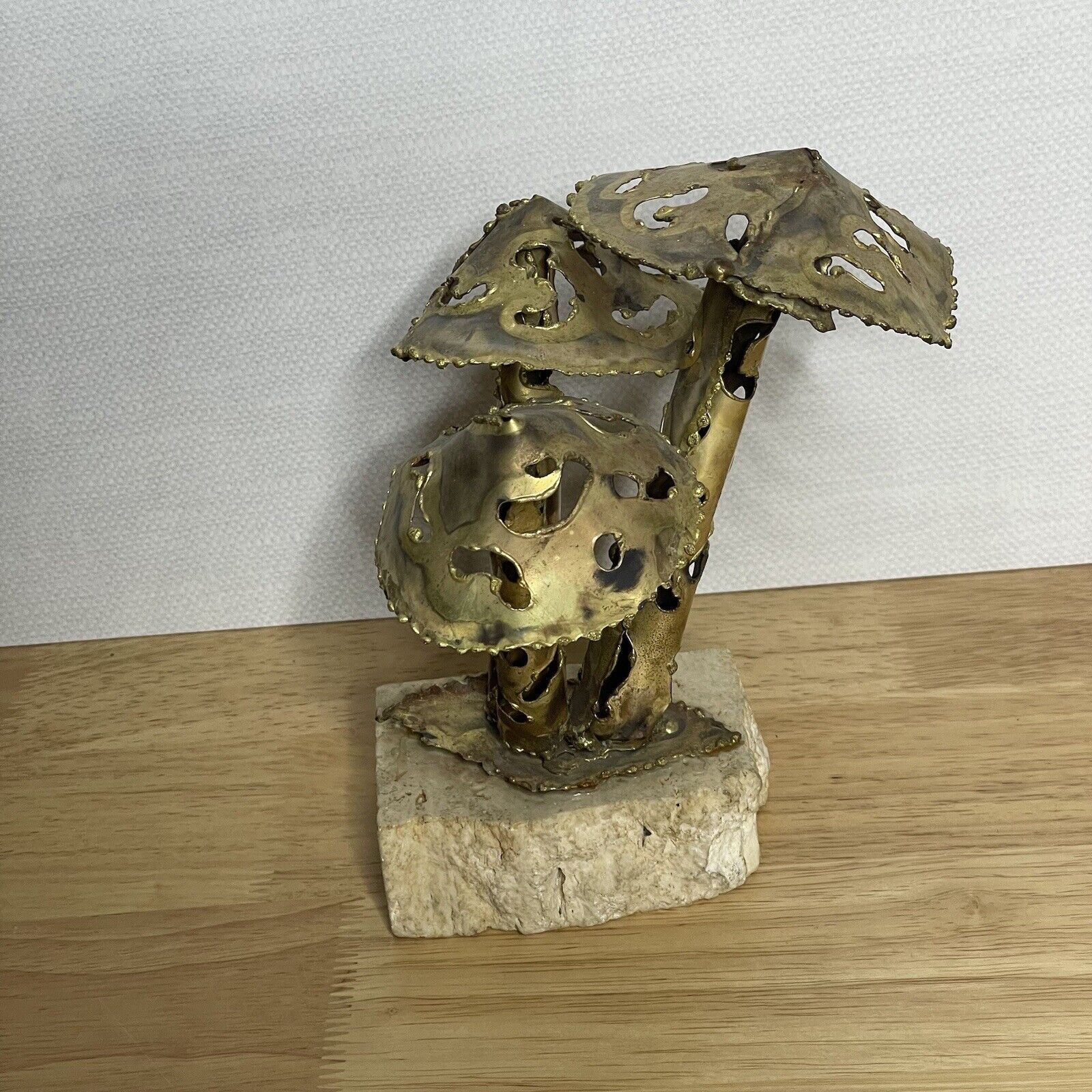 Mushroom Flame Cut Brass Sculpture Vintage Brutalist Metal Decor Mid Century 