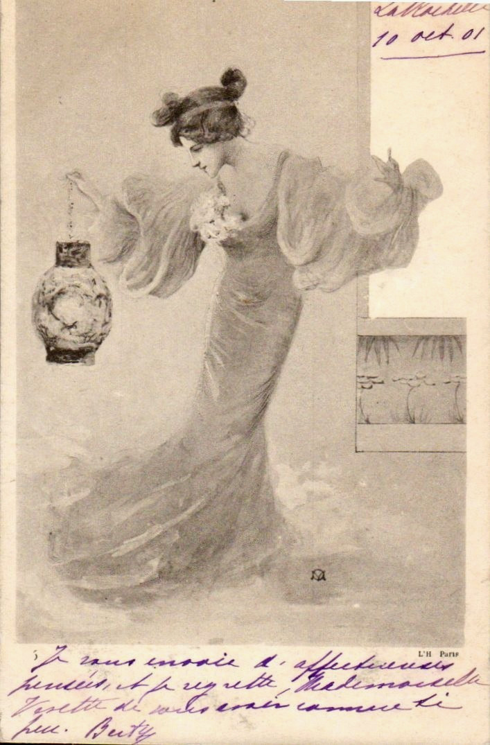Lady with a Lamp - 1901 Vintage Artist Signed Postcard