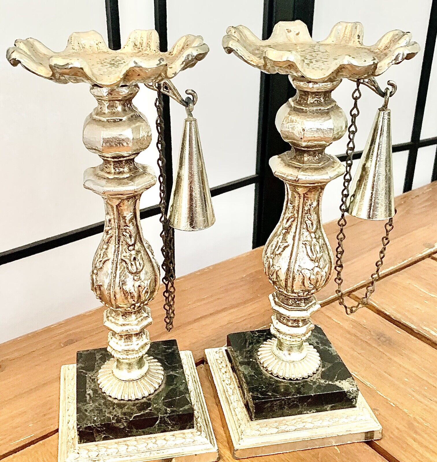 Vintage Dilly MFG Co Gilded Metal & Marble Pillar Candle Holders & Snuffer Pair