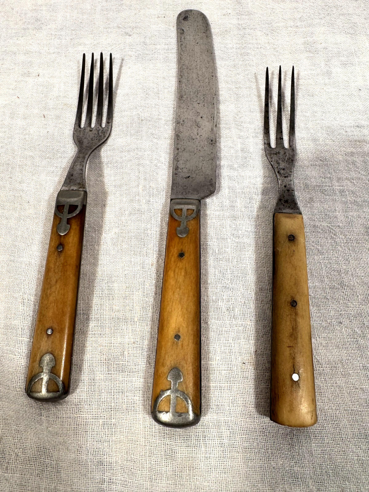 Antique 1800s Bone Handle Flatware Pewter Inlay Knife Forks Victorian 3 Pc Lot