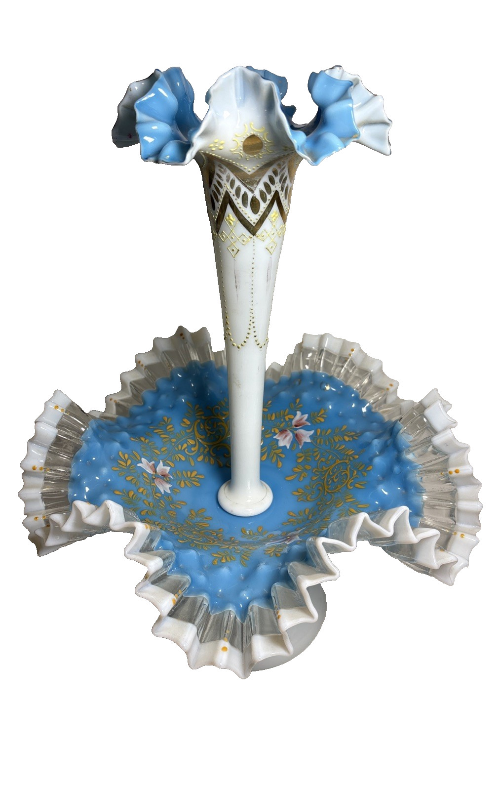 Blue White Ruffled Victorian Hand Painted Enamel 2 Pc Blown Single Horn Epergne