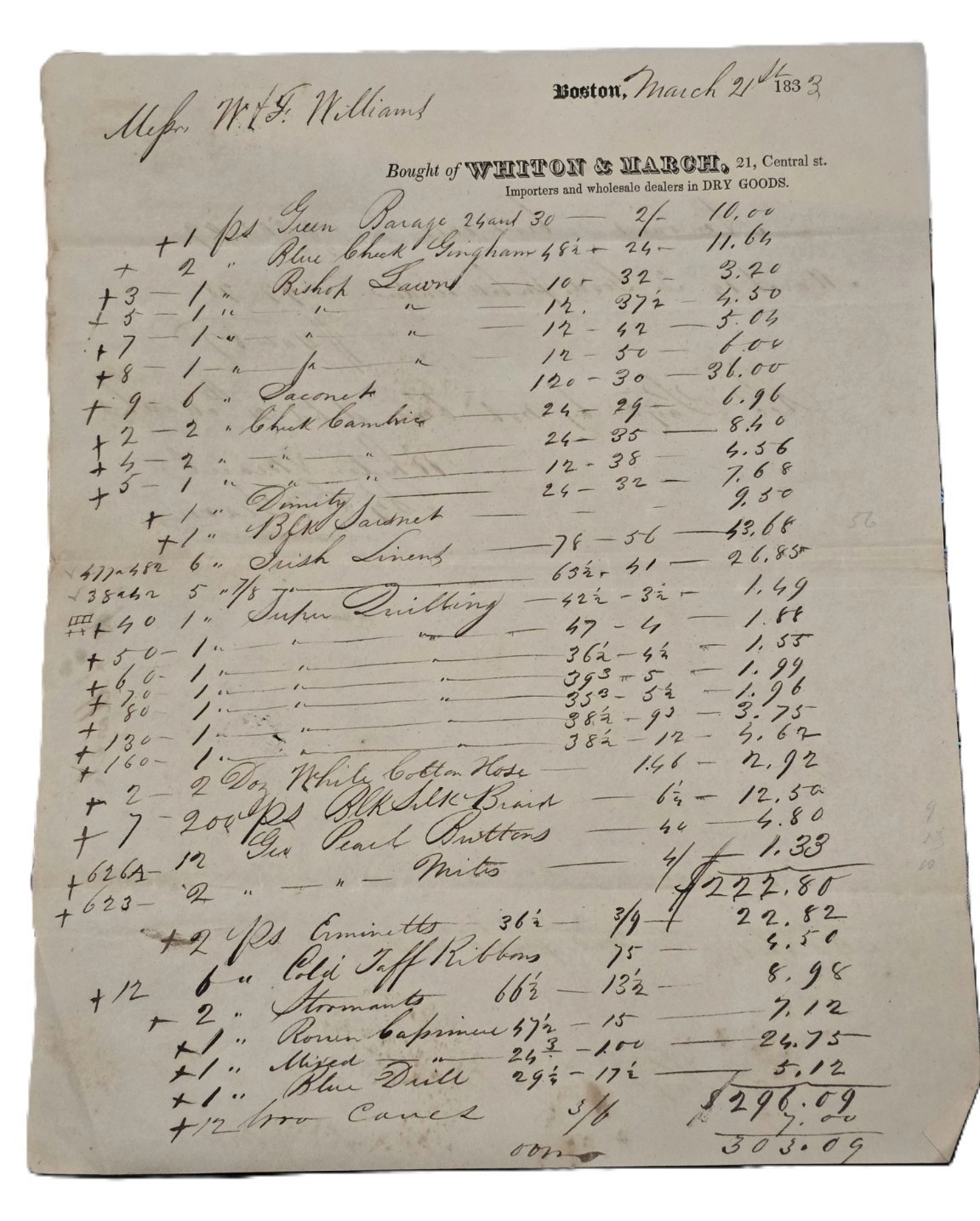 1833 antique WHITON & MARCH boston ma DRY GOODS LINENS GINGHAM invoice