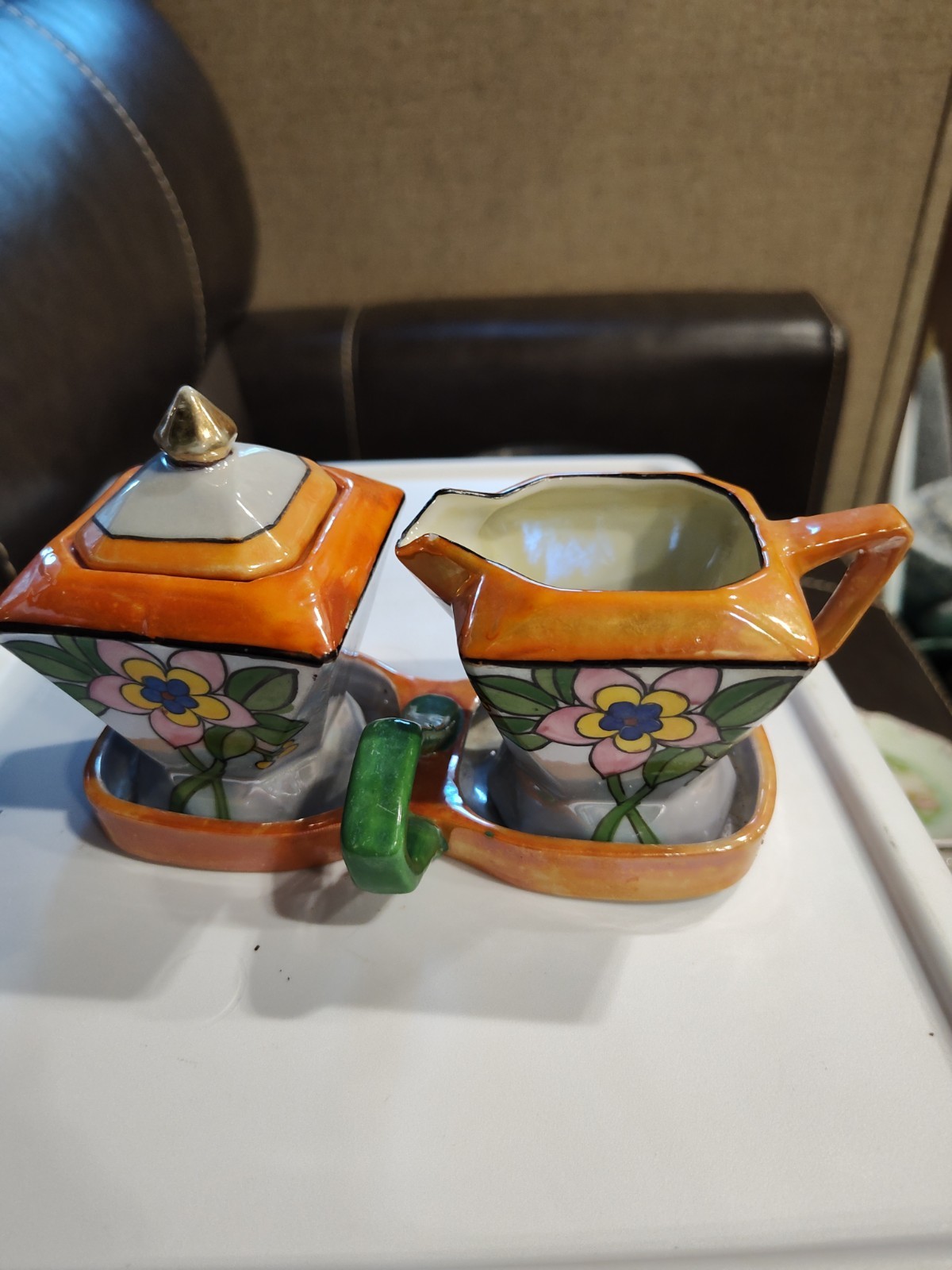  Vintage 3 Piece Lusterware Creamer & Sugar Set With Caddy Made In Japan 