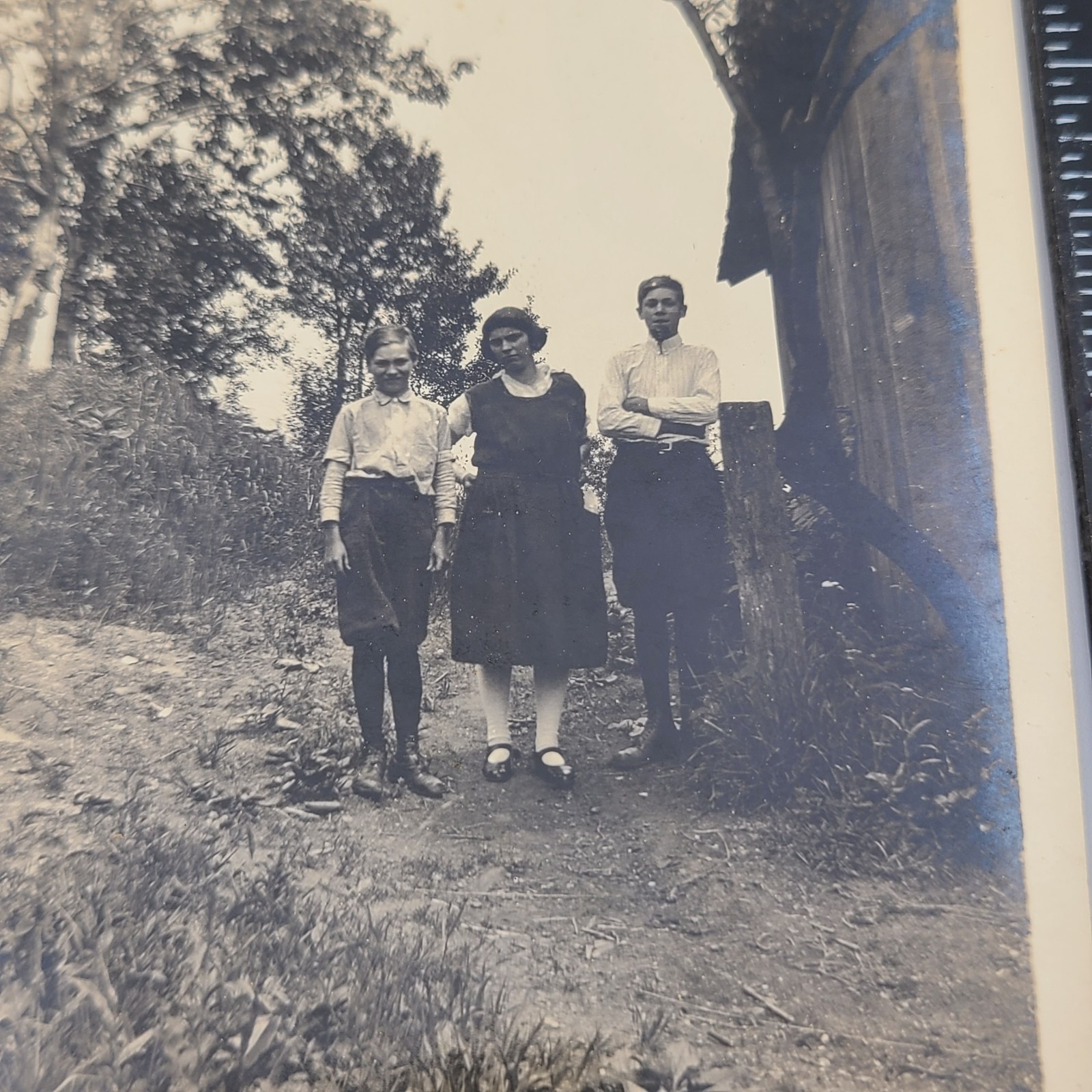 Brothers Sister Family Group Snapshot Young Men Woman Rural Antique Photo