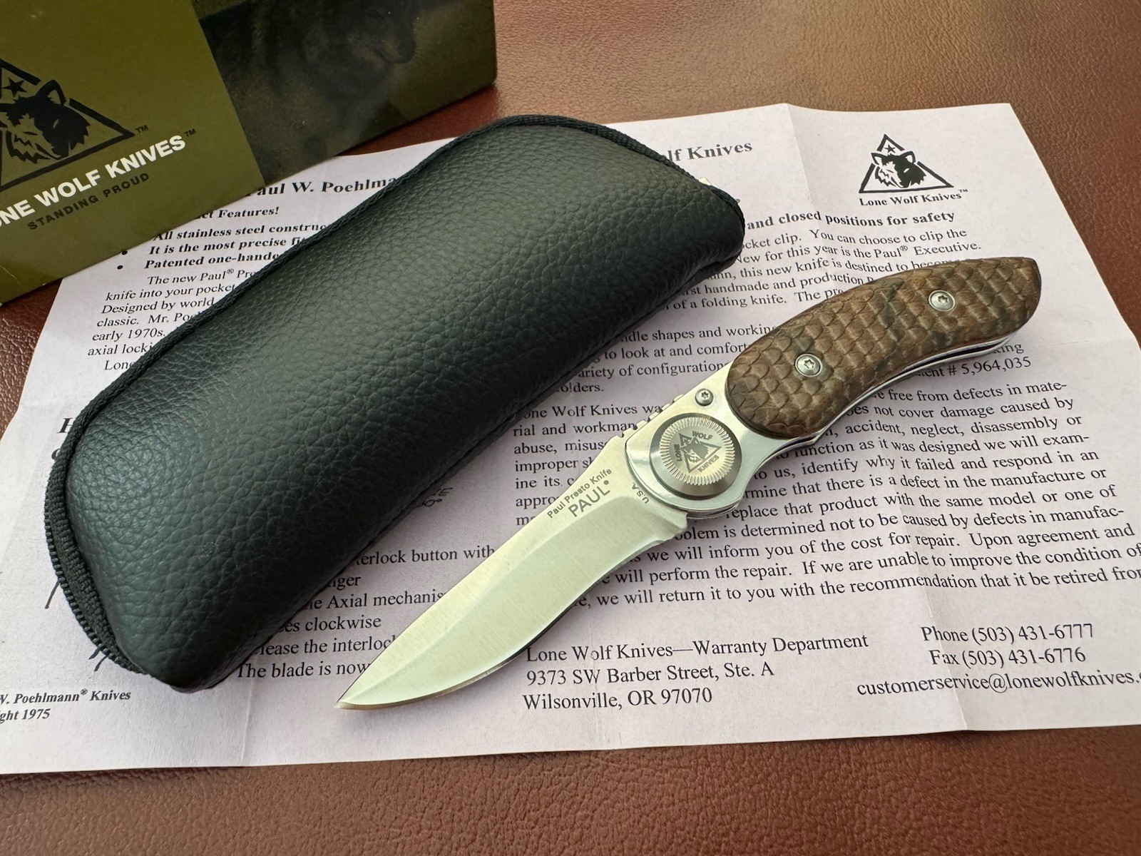 Vtg Lone Wolf Paul Presto Folding Knife Walnut Snake Skin Handle Made In USA