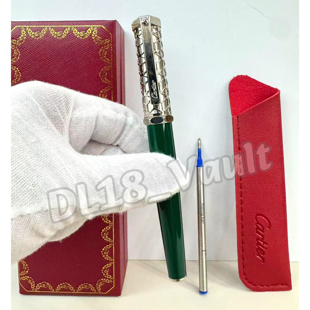 CARTIER Santos de Cartier Green Lacquer Pen Silver Patterned Cap w/ Box & Pouch CARTIER Santos de Cartier Green Lacquer Pen Silver Patterned Cap w/ Box & Pouch