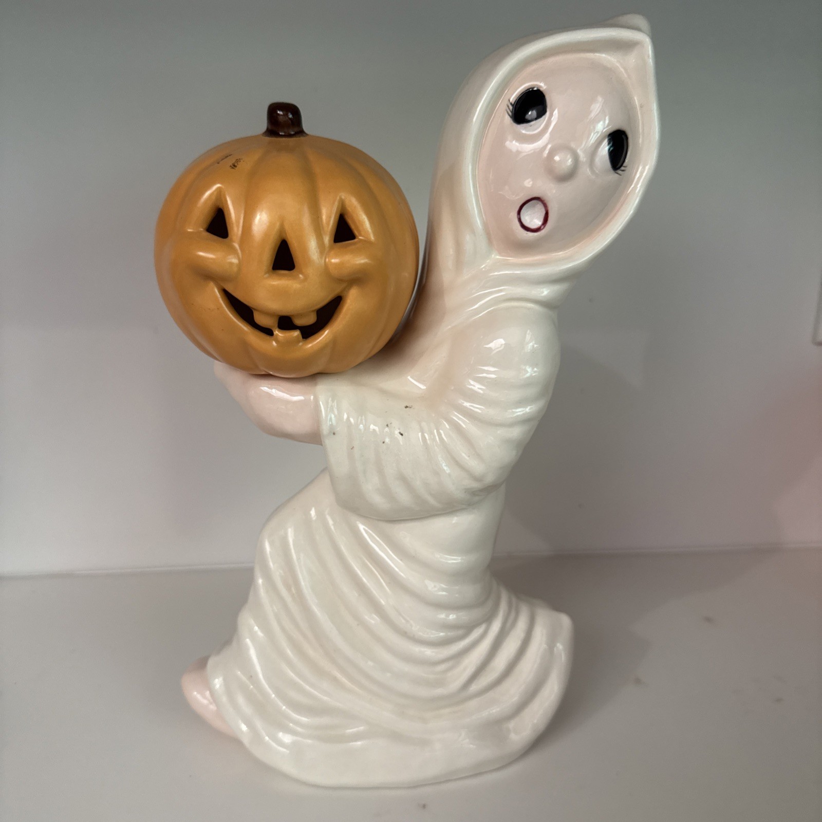 Vintage Halloween Ceramic Ghost Holding Pumpkin Halloween Jack-o-Lantern 12 Vintage Halloween Ceramic Ghost Holding Pumpkin Halloween Jack-o-Lantern 12