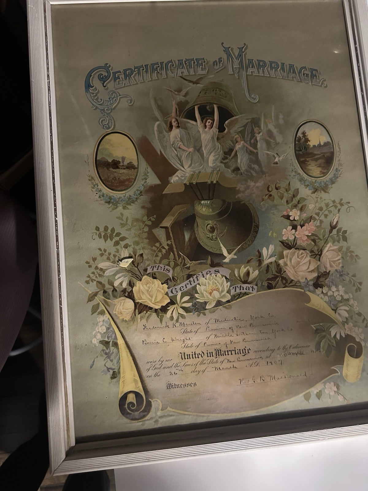 Rare 1907 Victorian Marriage Certificate New Brunswick Framed Lithograph