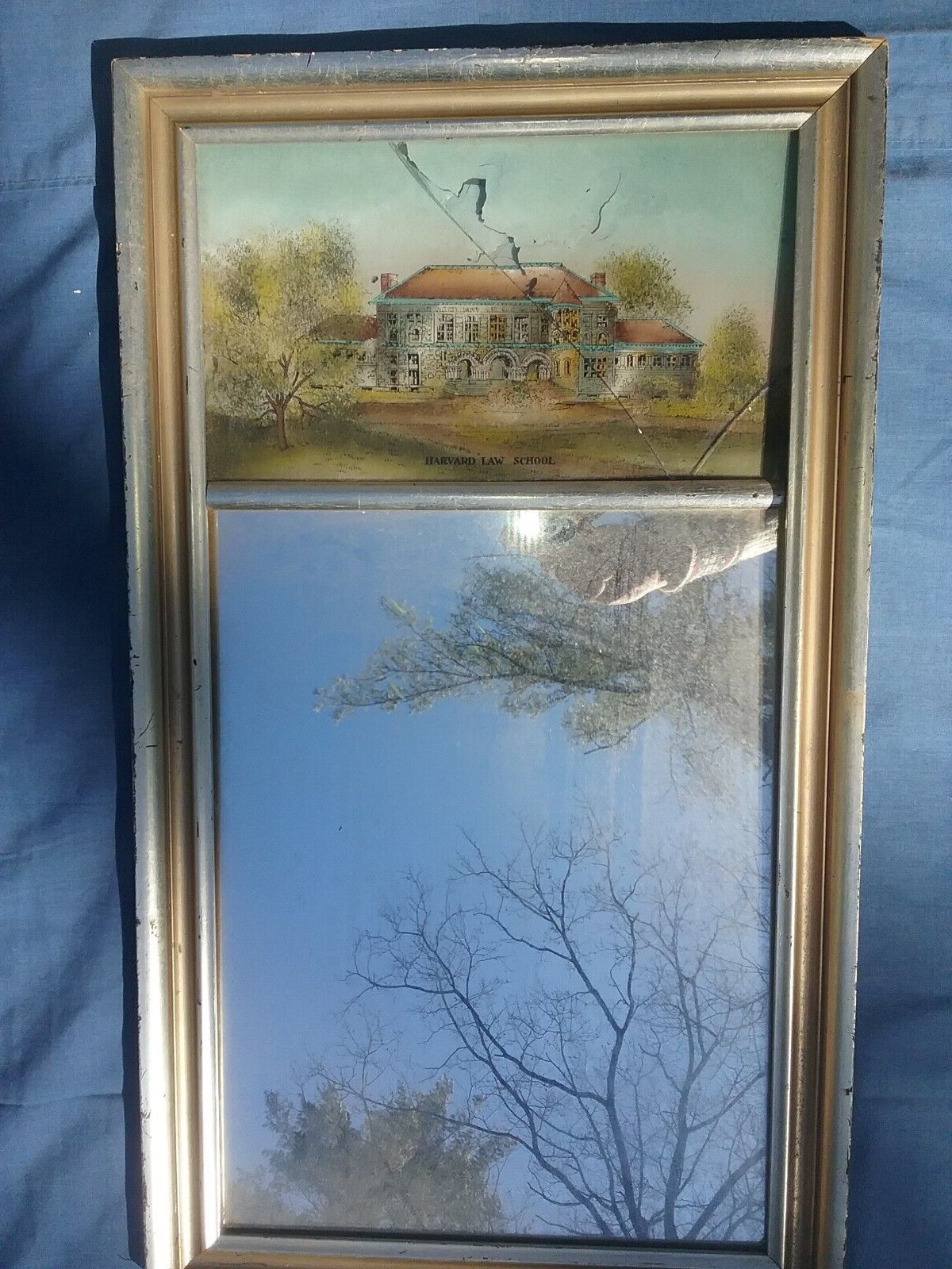 Vintage Harvard Law School Eglomise Reverse Painting with Mirror 15 x 26 AS IS