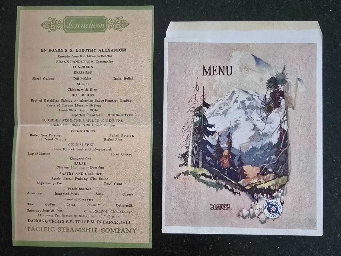2 VTG 1927 Menus, Pacific Steamship Co., San Francisco-Seattle, Alaska-Seattle 2 VTG 1927 Menus, Pacific Steamship Co., San Francisco-Seattle, Alaska-Seattle