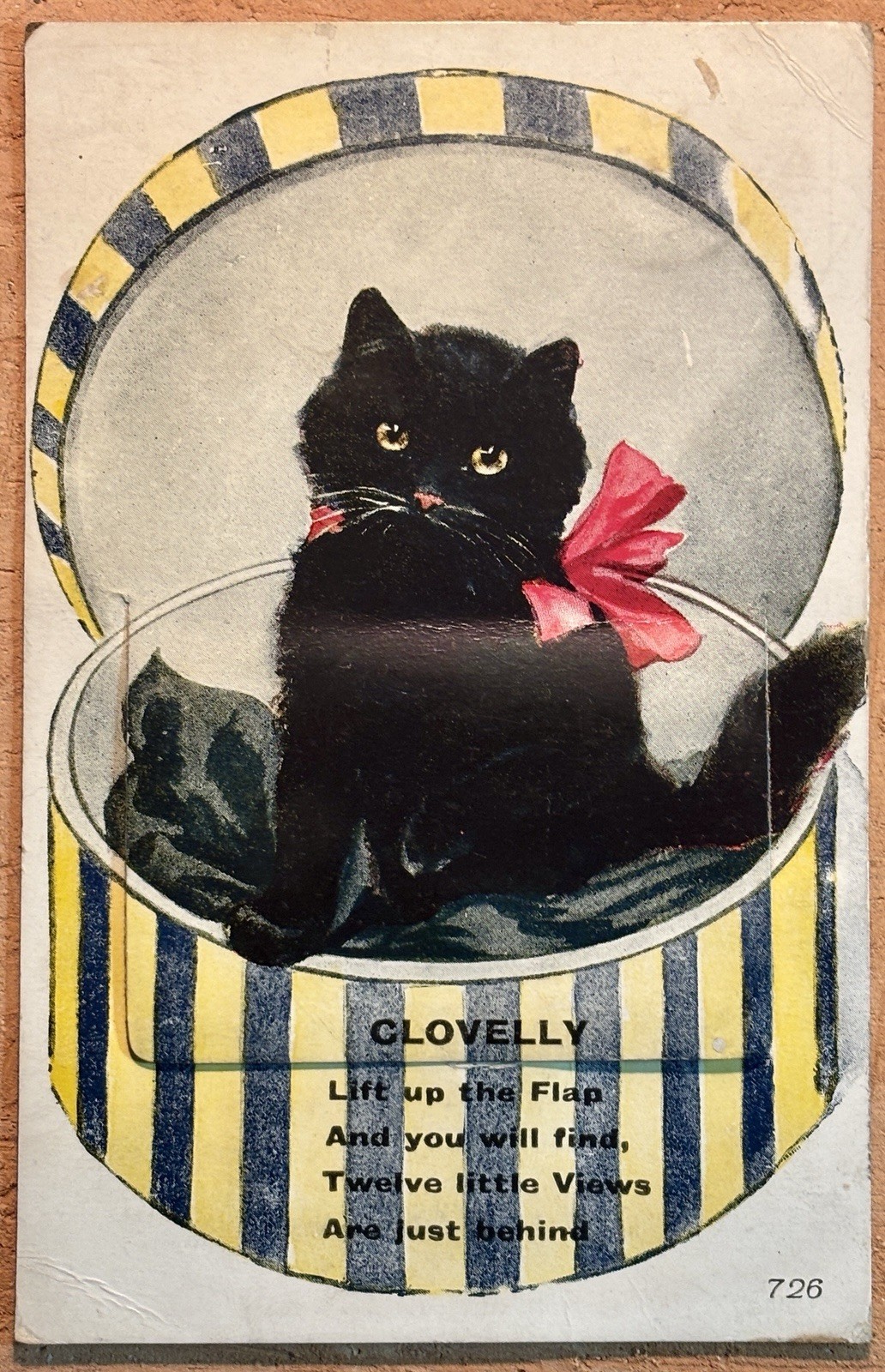 Antique Black Cat Postcard Clovelly UK Novelty Mailer Hat Box #470