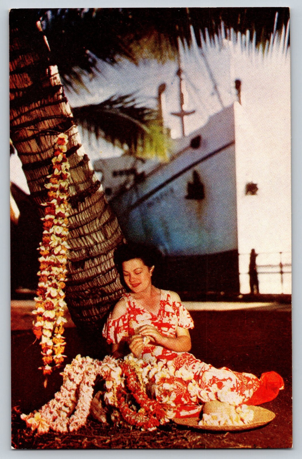 Postcard Hawaiin Flower Girl stringing Lei on Boat Day Honolulu