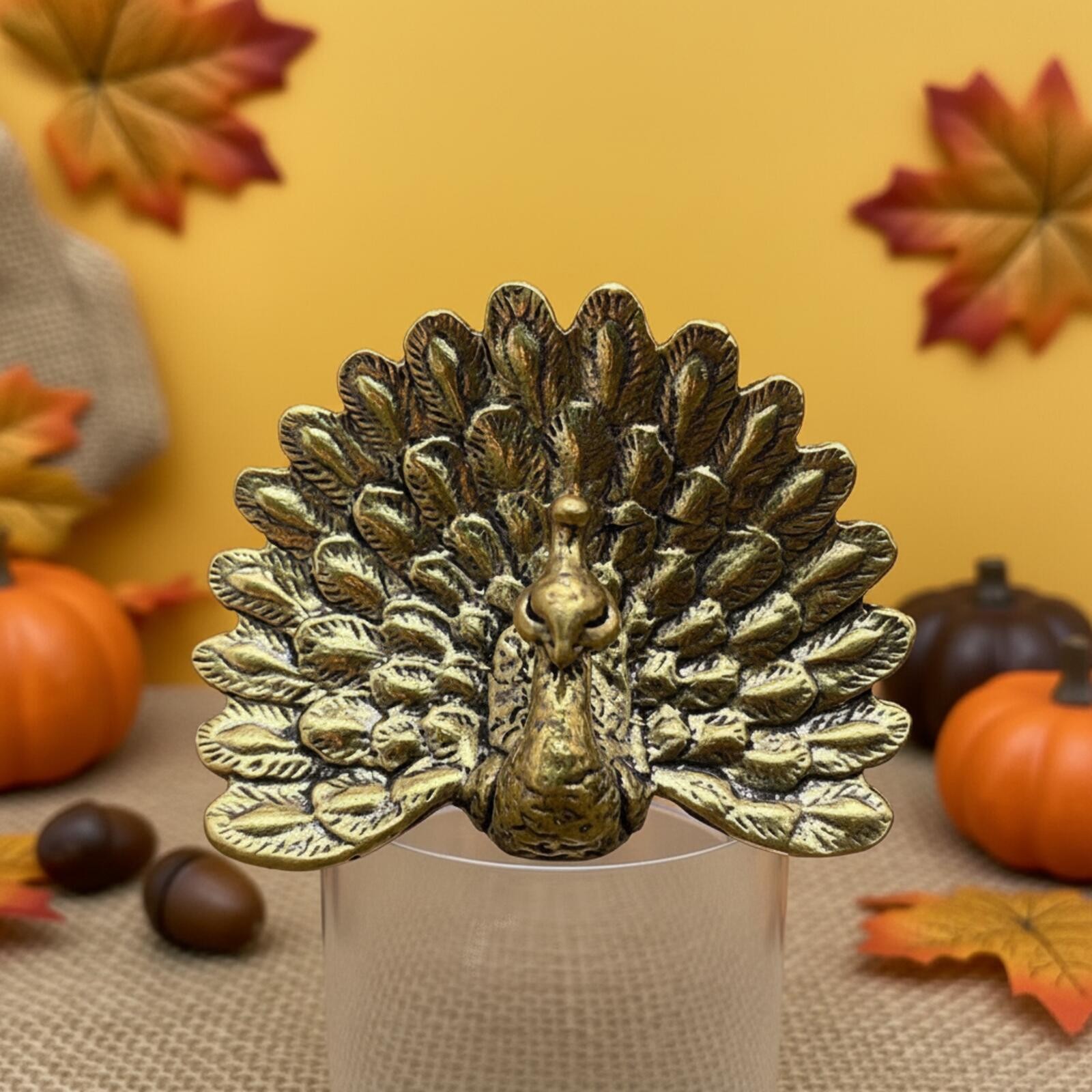 Brass Peacock Figurine with Detailed Feather Design #2